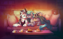 Size: 1200x755 | Tagged: safe, artist:limreiart, oc, oc only, oc:zerus, bat pony, zebra, bat pony oc, cake, cake slice, couch, cup, drink, food, looking at each other, open mouth, pillow, plate, zebra oc