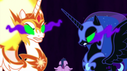 Size: 2000x1121 | Tagged: safe, screencap, daybreaker, nightmare moon, twilight sparkle, alicorn, pony, g4, the beginning of the end, armor, black background, blank eyes, corrupted, ethereal mane, evil, female, floppy ears, glowing eyes, green eyes, mane of fire, mare, possessed, simple background, sisters, sombra eyes, starry mane, twilight sparkle (alicorn)