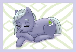 Size: 760x520 | Tagged: safe, artist:umafluff, edit, limestone pie, earth pony, pony, g4, abstract background, cropped, cute, eyes closed, female, limabetes, mare, prone, sleeping, smiling, solo, ych result
