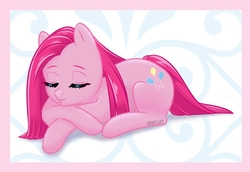 Size: 760x524 | Tagged: safe, artist:umafluff, edit, pinkie pie, earth pony, pony, g4, abstract background, cropped, cute, cuteamena, diapinkes, eyes closed, female, mare, pinkamena diane pie, prone, sleeping, smiling, solo