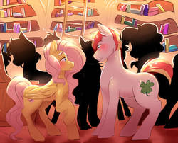 Size: 994x804 | Tagged: safe, artist:spazzyhippie, fluttershy, oc, oc:lucky charm, pegasus, pony, unicorn, g4, blushing, canon x oc, crush, female, first meeting, first time, flucky, golden oaks library, looking at each other, love, love at first sight, male, mare, party, romantic, shipping, stallion, straight