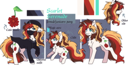 Size: 3092x1577 | Tagged: safe, artist:tay-niko-yanuciq, oc, oc only, oc:scarlet serenade, butterfly, pony, unicorn, bust, chibi, clothes, cutie mark, female, full body, mare, mask, outfit, reference sheet, simple background, solo, standing, suit, transparent background