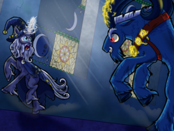 Size: 1600x1200 | Tagged: safe, artist:thescornfulreptilian, grogar, star swirl the bearded, pony, unicorn, g4, castle of the royal pony sisters, cracked horn, evil grin, fight, glowing horn, grin, horn, last stand, magic, night, rearing, smiling