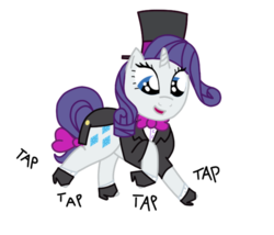 Size: 672x576 | Tagged: safe, artist:fskindness, rarity, pony, unicorn, g4, bowtie, clothes, cute, dancing, female, hat, looking down, mare, onomatopoeia, open mouth, raised hoof, raised leg, raribetes, shoes, simple background, smiling, suit, tap dancing, text, top hat, transparent background, tuxedo