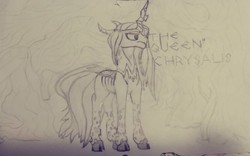 Size: 712x443 | Tagged: safe, artist:chancemccoy, queen chrysalis, g4, complex background, grayscale, hive, monochrome, traditional art