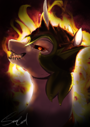 Size: 1158x1638 | Tagged: safe, artist:sakuracheetah, daybreaker, pony, g4, backlighting, black hole, bust, evil grin, female, fire, grin, looking at you, messier 87, portrait, sharp teeth, signature, smiling, solo, sun, teeth