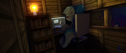 Size: 3440x1440 | Tagged: safe, artist:jerryenderby, oc, oc only, oc:pradashie, pegasus, pony, bookshelf, chair, computer, creeper, ear fluff, minecraft, monitor, mug, ponytail, solo, streetlight, tree, window, wooden walls