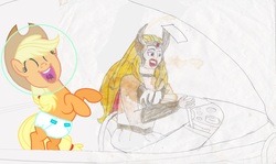 Size: 1254x748 | Tagged: safe, artist:guihercharly, applejack, g4, astrobaby, astrojack, astronaut, crossover, diaper, drawing, glass dome, helmet, laughing, non-baby in diaper, she-ra, she-ra princess of power, space car, spaceship, the jetsons, wat
