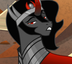 Size: 1220x1080 | Tagged: safe, screencap, king sombra, pony, unicorn, g4, the beginning of the end, armor, black mane, cape, clothes, cropped, crown, fabulous, funny face, jewelry, majestic, male, red eyes, regalia, smug, stallion, stupid sexy sombra