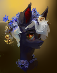 Size: 2500x3200 | Tagged: safe, artist:yanisfucker, oc, oc only, oc:sagittarius, bat pony, pony, bust, floral necklace, flower, flower in hair, high res, solo
