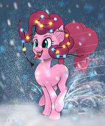 Size: 2572x3070 | Tagged: safe, artist:xbi, pinkie pie, earth pony, pony, g4, christmas, christmas lights, excited, female, high res, holiday, jumping, mare, snow, solo, tongue out, winter