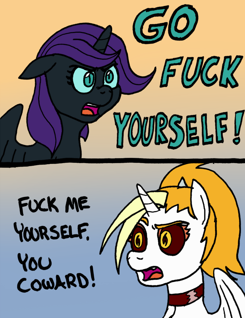 2009605 - suggestive, artist:pony quarantine, oc, oc only, oc:dyx, oc:nyx,  alicorn, pony, 2 panel comic, alicorn oc, angry, black sclera, choker,  collar, colored sclera, comic, dialogue, female, filly, floppy ears,  foreshadowing, frown,