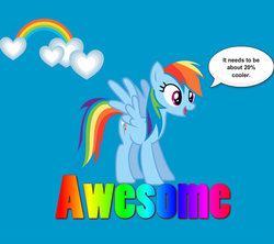 Size: 900x798 | Tagged: safe, rainbow dash, pony, g4, 20% cooler, awesome, blue background, female, rainbow, simple background, sky, solo, spread wings, talking, wings