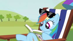 Size: 918x521 | Tagged: safe, screencap, rainbow dash, pony, g4, too many pinkie pies, book, cropped, daring do and the sapphire statue, female, mare, reading, relaxing, solo, sunglasses, umbrella