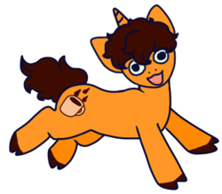 Size: 399x350 | Tagged: safe, artist:guidomista, oc, oc only, oc:triple shot, pony, unicorn, brunett, brunette, chibi, cloven hooves, curls, curly, curly mane, curly tail, doodle, happy, hooves, horn, jumping, lazy eye, male, open mouth, smiling, solo, stallion