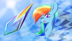 Size: 1920x1080 | Tagged: safe, artist:bloodtoon, rainbow dash, pegasus, pony, g4, abstract background, blinking, bust, cutie mark, cutie mark background, female, floppy ears, g5 concept leak style, g5 concept leaks, head only, lens flare, looking at you, mare, open mouth, rainbow dash (g5 concept leak), smiling, solo