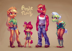 Size: 3720x2618 | Tagged: safe, artist:holivi, apple bloom, applejack, big macintosh, granny smith, earth pony, anthro, plantigrade anthro, g4, apple family, apple siblings, apple sisters, belt, boots, bow, breasts, brother and sister, cleavage, clothes, cottagecore, daisy dukes, female, filly, foal, front knot midriff, hair bow, hat, high res, male, mare, midriff, overalls, plaid, puffy sleeves, sandals, shirt, shoes, shorts, siblings, sisters, smiling, stallion, tank top