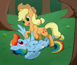 Size: 1500x1280 | Tagged: dead source, safe, artist:arosyks, applejack, rainbow dash, earth pony, pegasus, pony, g4, applejack's hat, colored pupils, cowboy hat, cute, dashabetes, duo, female, grass, hat, jackabetes, lesbian, looking at each other, lying, lying in grass, mare, on back, open mouth, playing, raised hoof, ship:appledash, shipping, smiling, tree, unshorn fetlocks
