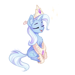 Size: 1500x1500 | Tagged: safe, artist:inowiseei, trixie, pony, unicorn, g4, chest fluff, clothes, crown, cute, diatrixes, ear fluff, eyes closed, female, happy, hoof shoes, jewelry, mare, necklace, open mouth, peytral, regalia, shoes, simple background, sitting, solo, sparkles, this will end in tears and/or a journey to the moon, white background