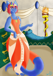 Size: 1750x2500 | Tagged: safe, artist:darnelg, oc, oc:sapphire the snakepon, original species, snake pony, anthro, clothes, couch, crown, dress, egyptian, inviting, jewelry, regalia