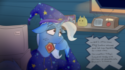 Size: 2560x1440 | Tagged: safe, artist:fuzzypones, trixie, pony, unicorn, g4, the beginning of the end, bread, clothes, eating, female, floppy ears, food, hat, mare, morning, morning ponies, munching, nightcap, pajamas, radio, sleepy, solo, text, toast, trixie's nightcap, trixie's wagon