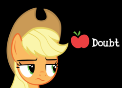Size: 1500x1091 | Tagged: safe, artist:ace play, applejack, earth pony, pony, g4, apple, applejack is not amused, black background, female, food, l.a. noire, reaction image, simple background, solo, suspicious, unamused
