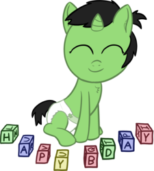 Size: 1832x2038 | Tagged: safe, artist:cleverround, oc, oc only, oc:filly anon, pony, unicorn, baby, birthday, blocks, chest fluff, cute, diaper, eyes closed, female, filly, happy, happy birthday, looking at you, simple background, sitting, smiling, solo, transparent background