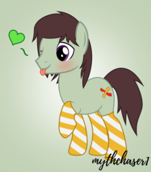 Size: 784x891 | Tagged: safe, artist:mythchaser1, oc, oc only, oc:shuffle, earth pony, pony, clothes, male, one eye closed, socks, solo, stallion, striped socks, tongue out, wink