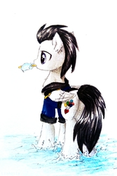 Size: 1878x2818 | Tagged: safe, artist:liaaqila, oc, oc only, oc:pipe dream, pegasus, pony, clothes, commission, costume, disney, food, heart, ice cream, kingdom hearts, sea salt ice cream, shadowbolts, shadowbolts costume, traditional art, water