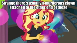 Size: 1280x720 | Tagged: safe, edit, edited screencap, screencap, sunset shimmer, all the world's off stage, equestria girls, equestria girls series, g4, all the world's off stage: pinkie pie, balloon, caption, clown, female, image macro, implied pennywise, it, solo, text, the addams family
