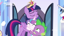 Size: 1920x1080 | Tagged: safe, screencap, princess flurry heart, shining armor, spike, twilight sparkle, alicorn, pony, g4, the beginning of the end, aunt and niece, big crown thingy, hug, jewelry, regalia, twilight sparkle (alicorn)