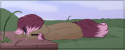 Size: 1676x672 | Tagged: safe, artist:php146, oc, oc:evie, pony, :p, eye clipping through hair, grass, lying down, one eye closed, silly, sleepy, tongue out