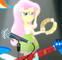 Size: 618x595 | Tagged: safe, screencap, fluttershy, rainbow dash, equestria girls, g4, my little pony equestria girls: rainbow rocks, animated, awesome as i want to be, electric guitar, eyeroll, female, fluttershy is not amused, gif, guitar, microphone, musical instrument, out of focus, singing, tambourine, unamused