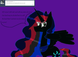 Size: 1280x949 | Tagged: safe, artist:dazzlingmimi, princess celestia, alicorn, pony, tumblr:the sun has inverted, g4, ask, blue sun, color change, corrupted, corrupted celestia, darkened coat, female, green eyes, invert princess celestia, inverted, inverted colors, inverted princess celestia, possessed, purple background, rainbow hair, sidemouth, simple background, solo, speech bubble, tumblr, violet background, word bubble