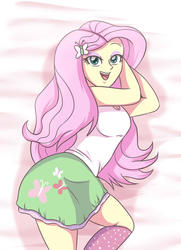 Size: 1024x1415 | Tagged: safe, artist:sumin6301, fluttershy, equestria girls, g4, arm behind head, bedroom eyes, clothes, cute, female, miniskirt, open mouth, shyabetes, skirt, smiling, smirk, socks, solo, tank top, teenager