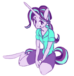Size: 600x618 | Tagged: safe, artist:vautaryt, starlight glimmer, unicorn, anthro, g4, clothes, female, horn, long horn, looking at you, mare, ponytail, simple background, sitting, smiling, solo, transparent background