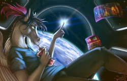 Size: 1920x1234 | Tagged: source needed, useless source url, safe, artist:sunny way, oc, oc:sunny way, horse, pegasus, anthro, rcf community, earth, eating, general, in space, space, stars, sun