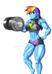 Size: 752x1063 | Tagged: safe, artist:atz-zukin, rainbow dash, equestria girls, g4, abs, biceps, bodybuilder, breasts, busty rainbow dash, clothes, deltoids, dumbbell (object), female, flexing, looking at you, muscles, obtrusive watermark, rainbuff dash, simple background, solo, swimsuit, thunder thighs, transparent background, watermark, weights