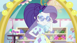 Size: 1920x1080 | Tagged: safe, screencap, rarity, equestria girls, equestria girls specials, g4, my little pony equestria girls: better together, my little pony equestria girls: spring breakdown, female, lidded eyes, looking at you, mirror, smiling, solo, sunglasses