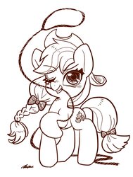 Size: 1392x1841 | Tagged: safe, artist:bbtasu, applejack, earth pony, pony, g4, alternate hairstyle, bow, braid, cute, female, hair bow, jackabetes, lasso, mare, monochrome, mouth hold, one eye closed, rope, simple background, solo, tail bow, white background, wink