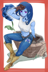 Size: 1080x1620 | Tagged: safe, artist:ceitama, oc, oc only, oc:raylanda, equestria girls, g4, abs, anime, armpits, belly button, boots, clothes, cutie mark, cutie mark on clothes, equestria girls-ified, flower, gloves, jeans, looking at you, muscles, pants, rose, shirt, shoes, smiling, solo, t-shirt