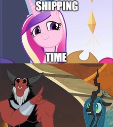 Size: 500x561 | Tagged: safe, edit, edited screencap, screencap, lord tirek, princess cadance, queen chrysalis, changeling, changeling queen, g4, the beginning of the end, cute, cutealis, female, male, princess of love, princess of shipping, revenge, ship:chrysirek, shipper on deck, shipping, shipping domino, straight, tirebetes