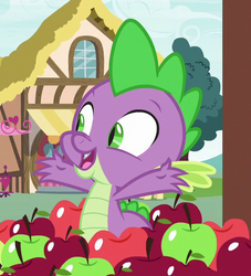 Size: 491x540 | Tagged: safe, screencap, spike, dragon, g4, triple threat, apple, arms wide open, baby, baby dragon, claws, cropped, cute, food, house, looking at something, male, open mouth, ponyville, smiling, solo, spikabetes, tree, window