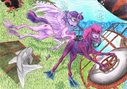 Size: 1280x902 | Tagged: safe, artist:mirdal, tempest shadow, twilight sparkle, alicorn, fish, octopus, pony, unicorn, g4, airship, broken horn, bubble, dive mask, duo, duo female, female, flippers (gear), horn, rebreather, scuba diving, scuba gear, traditional art, twilight sparkle (alicorn), underwater