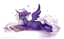 Size: 1652x1002 | Tagged: safe, artist:rottengotika, oc, oc only, oc:star nebula moon, alicorn, pony, alicorn oc, book, curved horn, cute, female, horn, long hair, long tail, mare, pregnant, reading, solo