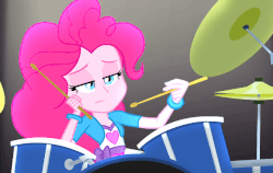 Size: 640x405 | Tagged: safe, screencap, pinkie pie, equestria girls, g4, rainbow rocks, animated, awesome as i want to be, blinking, bored, cymbals, drums, drumsticks, female, gif, hand on face, hi-hat, musical instrument, solo, unamused