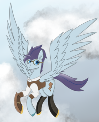 Size: 2256x2778 | Tagged: safe, artist:dyonys, oc, oc only, oc:bronze spark, pegasus, pony, clothes, cloud, flying, goggles, high res, male, stallion, steampunk