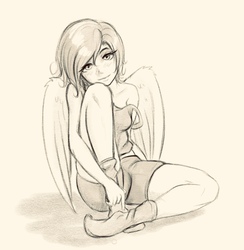 Size: 1376x1409 | Tagged: safe, artist:alcor, scootaloo, human, g4, clothes, female, humanized, looking at you, monochrome, sketch, socks, solo, winged humanization, wings