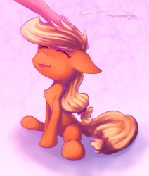 Size: 1946x2300 | Tagged: safe, artist:ferasor, applejack, human, pony, g4, eyes closed, female, floppy ears, hand, head pat, human on pony petting, mare, pat, petting, solo, tongue out