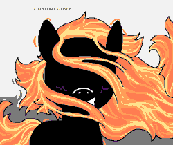 Size: 636x535 | Tagged: safe, anonymous artist, black hole pony, pony, black hole, blushing, female, gif, long mane, mare, messier 87, no eyes, non-animated gif, ponified, solo, text